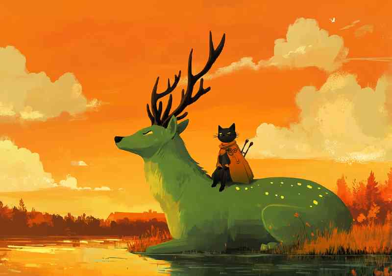 Giant green deer with antlers sitting by the lake orange sun