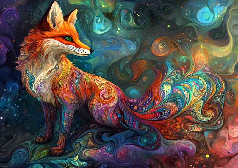 Whimsical and vibrant digital painting of an enchanted fox