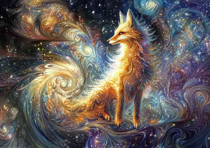 Whimsical and vibrant fox with swirly tail