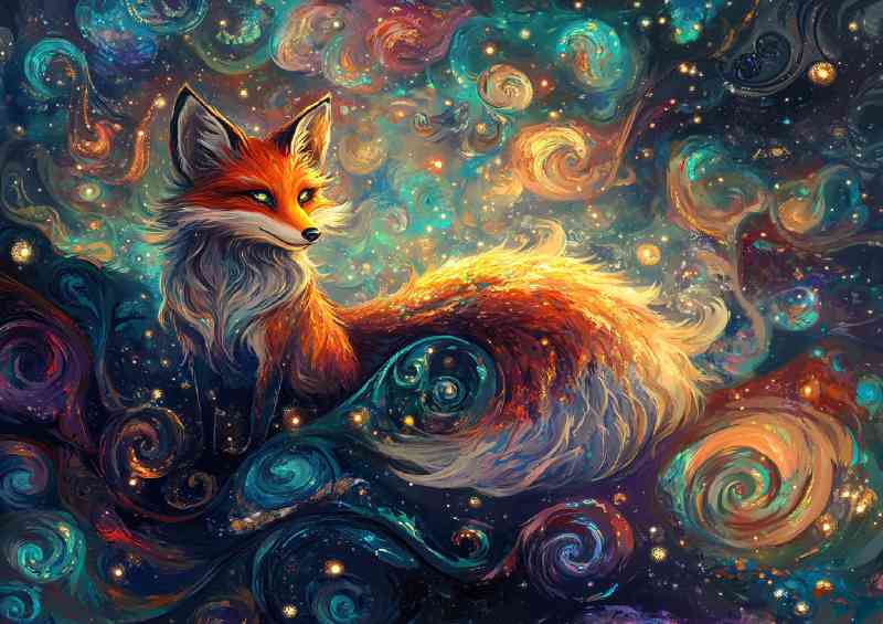 Whimsical and vibrant painting of an enchanted sly red fox