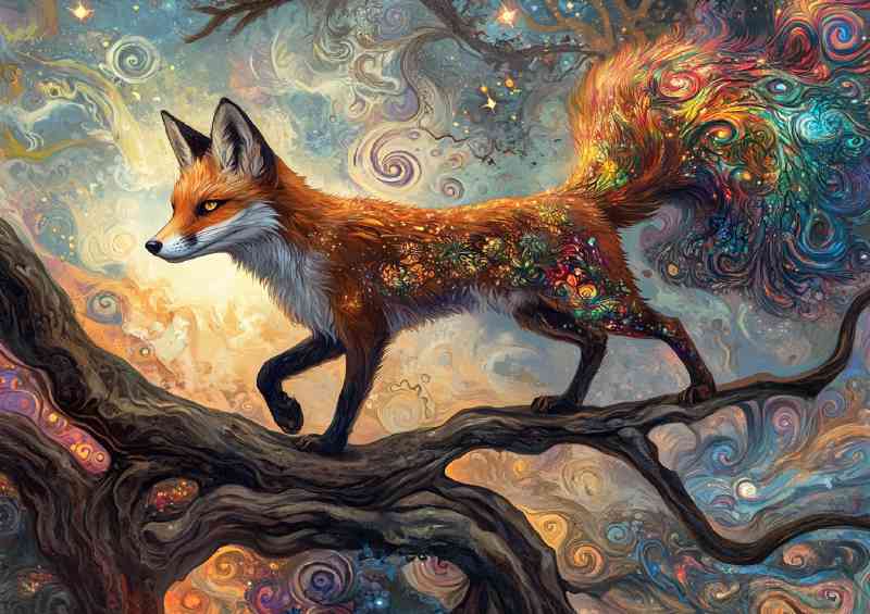 Whimsical fox its tail on the branch of a tree