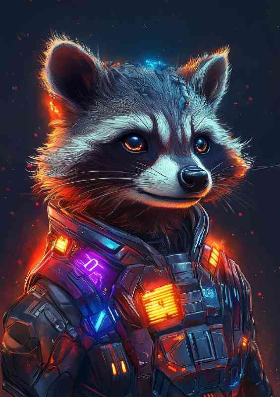 A cute cyberpunk rocket raccoon
