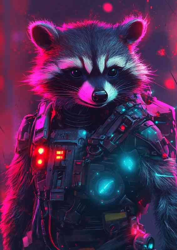 A cute cyberpunk rocket raccoon wearing intricate details