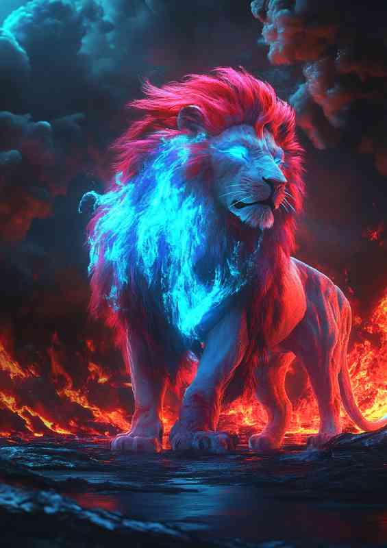 A glowing neon red and blue lion