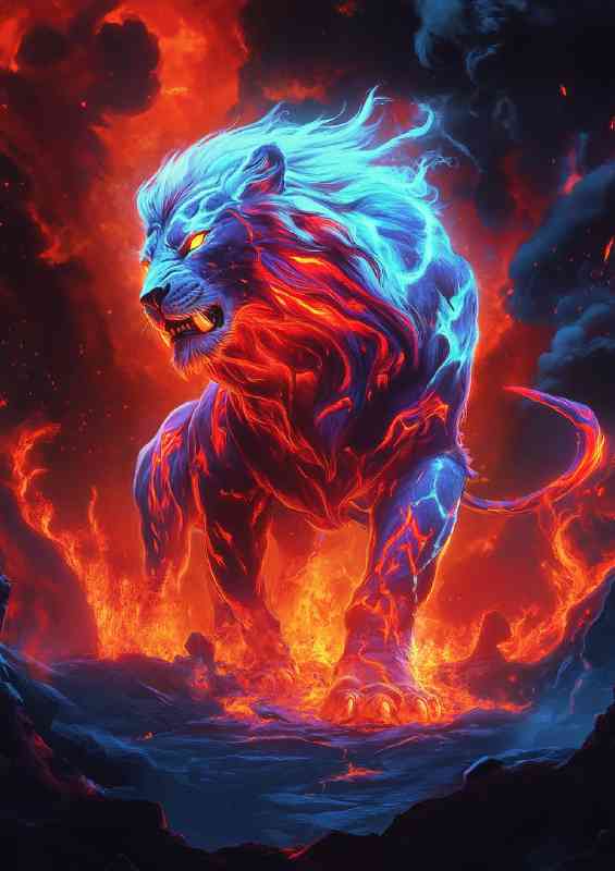 A glowing neon red and blue lion with fire in the background