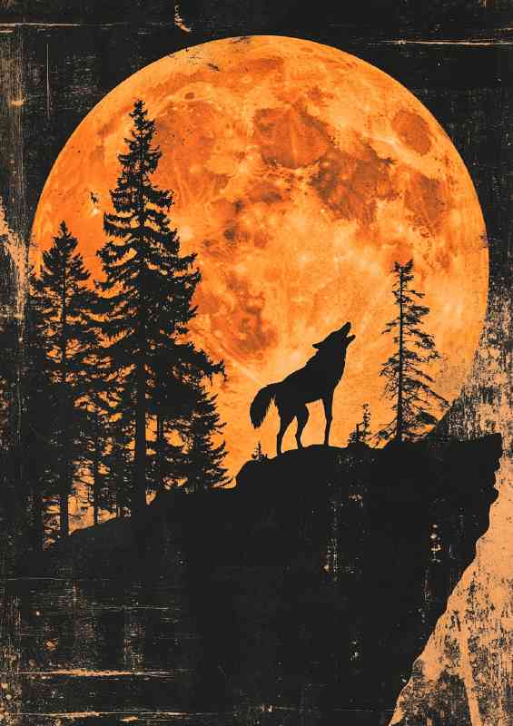 A large orange moon setting behind tall trees and the wolf