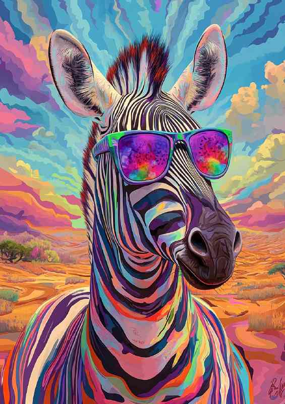 A psychedelic zebra wearing sunglasses the setting skies