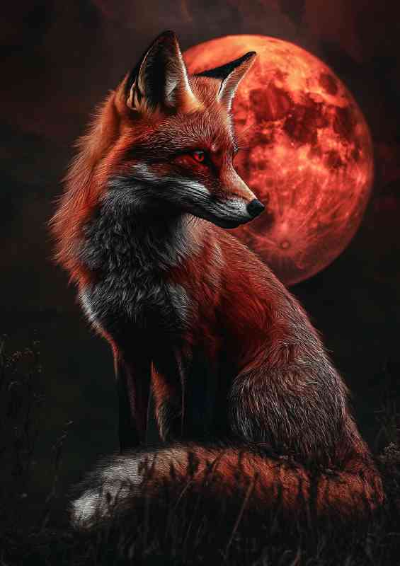 A red fox stands against a crimson moon