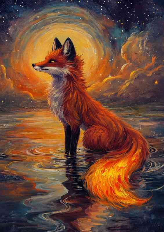 A red fox with orange fur sits in the water with a glowing tail