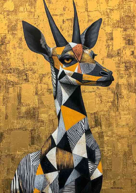 A surrealistic painting of an African antelope with triangles