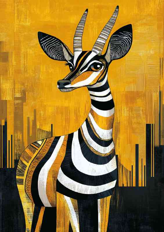 An antelope in the style of art deco inspired black gold and white