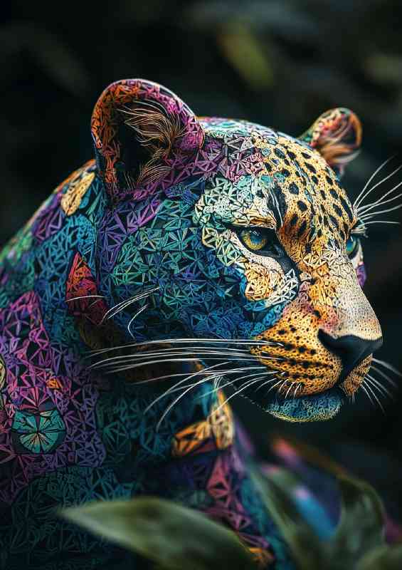 Colorful leopard with skin made of geometric pattern