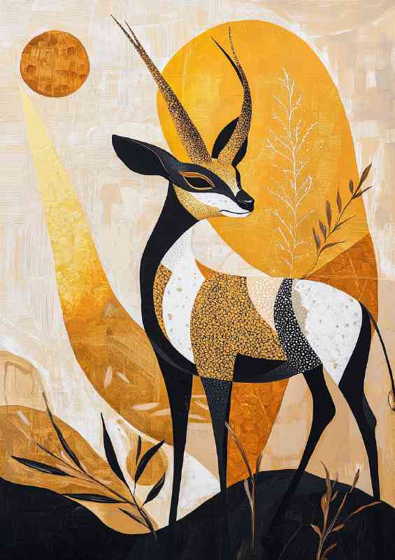 Detailed painting of an antelope with sun
