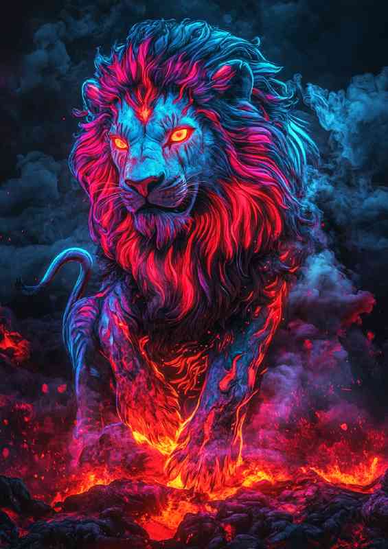 Glowing neon red and blue lion