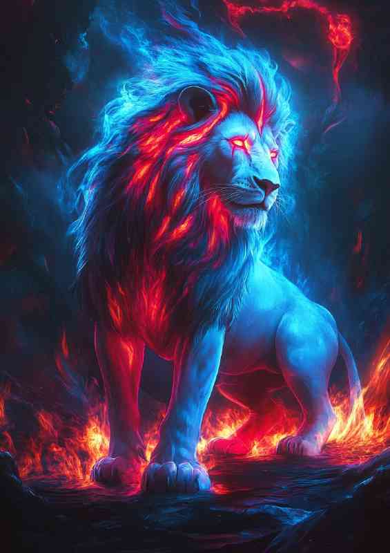 Glowing neon red and blue lion with fire