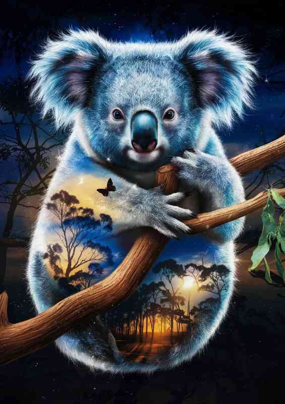 Koala with shimmering blue andt trees