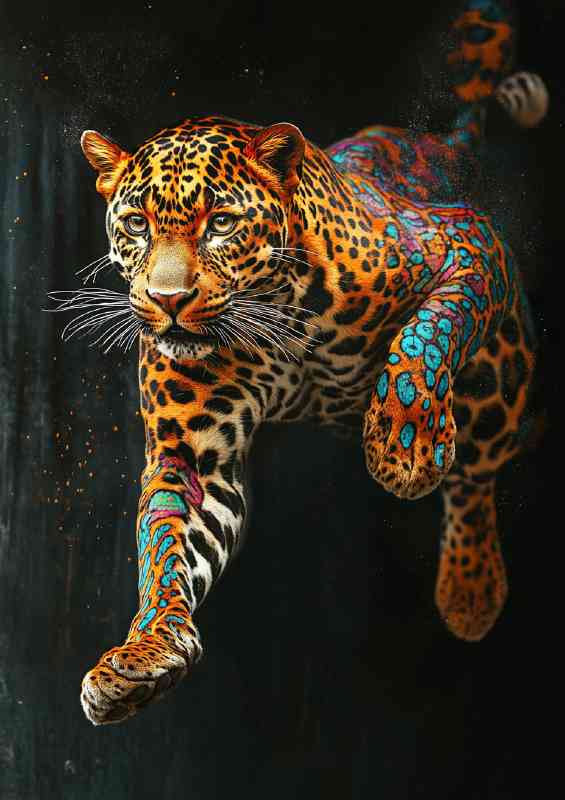 Leaping leopard a full body portrait with colorful