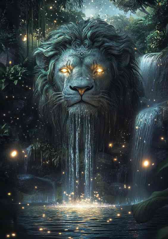 Majestic lion statue with intricate details and glowing eyes