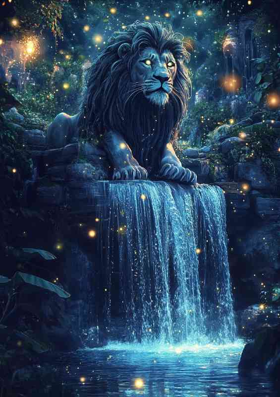 Majestic lion statue with intricate details and waterfall