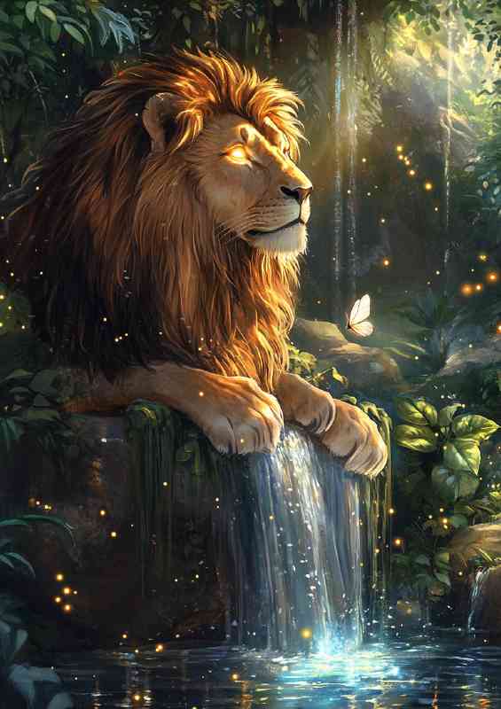 Majestic lion with glowing eyes sits at the edge of the waterfall