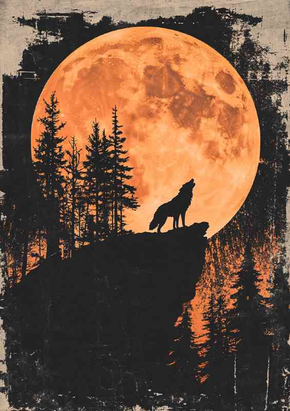 Orange moon setting behind tall trees and howling wolf