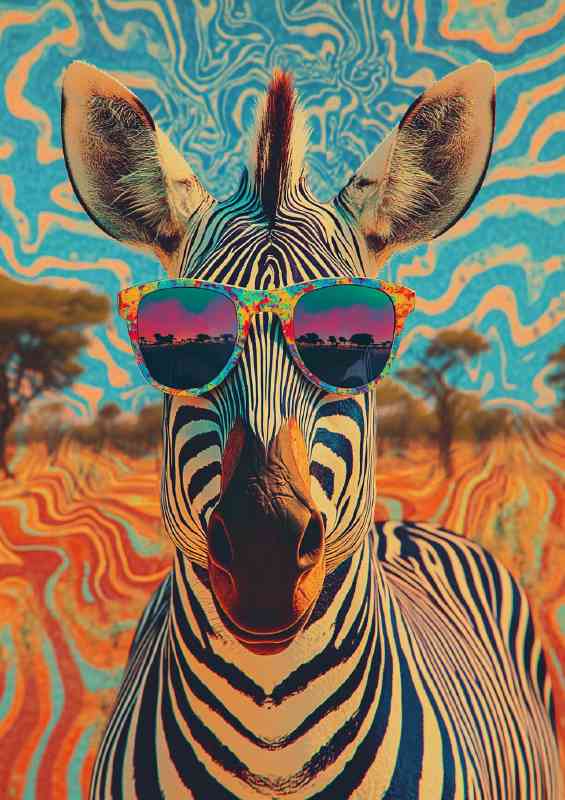 Psychedelic zebra wearing sunglasses the background