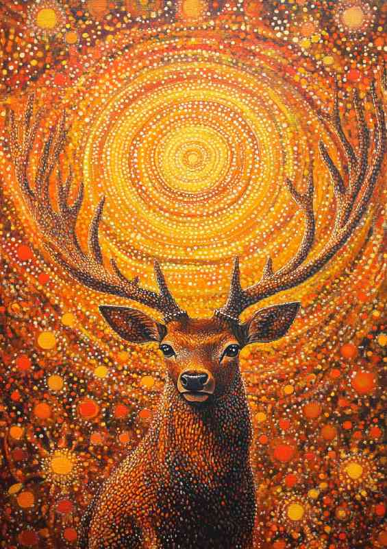 Red deer with antlers surrounded by an array of orange circles