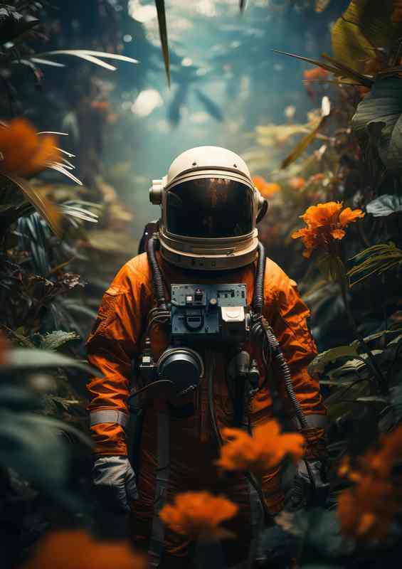 Astronaut Standing Next To Leaves In The Jungle