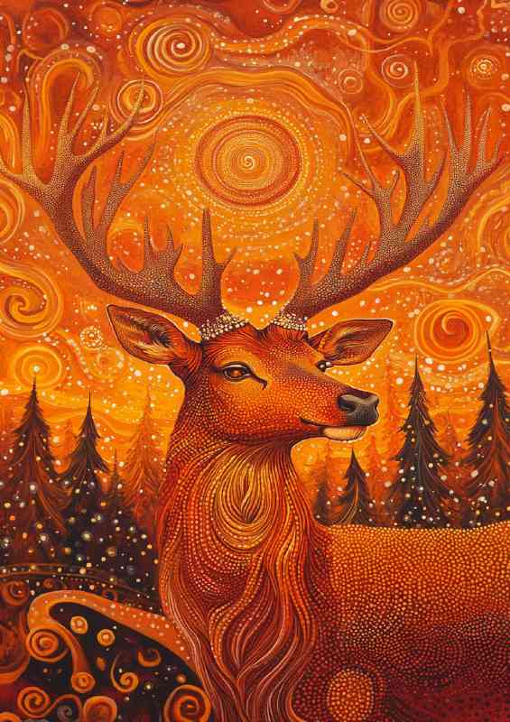 Red deer with antlers surrounded by an array of swirls