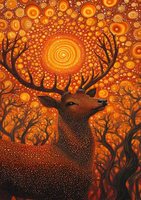 Red deer with antlers surrounded by orange dots