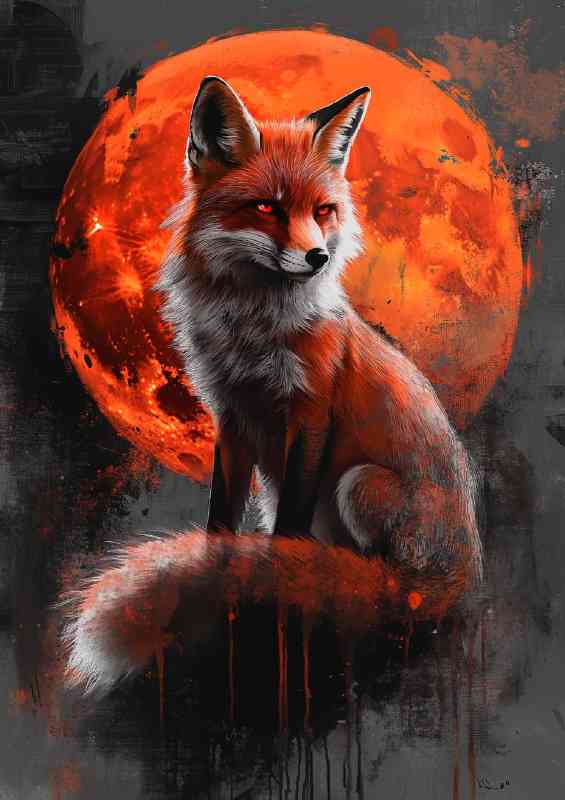 Red fox sitting in front of the moon