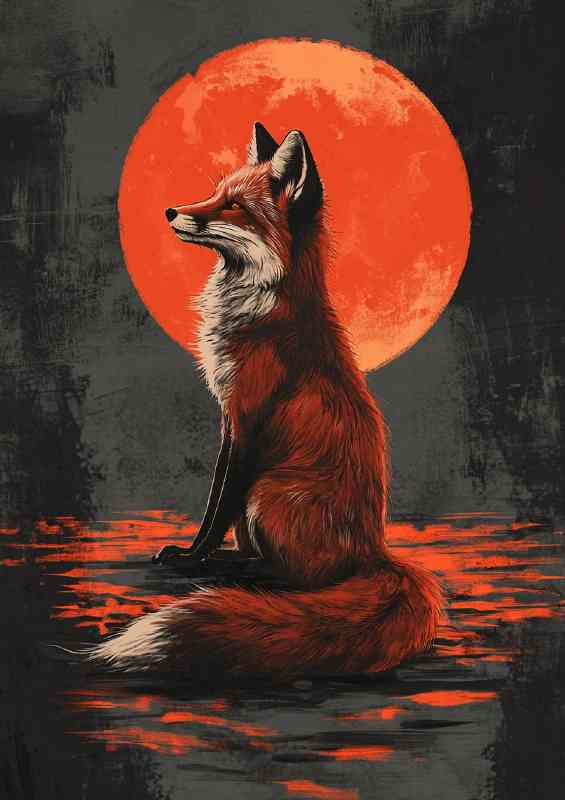Red fox sitting in front of the moon proud