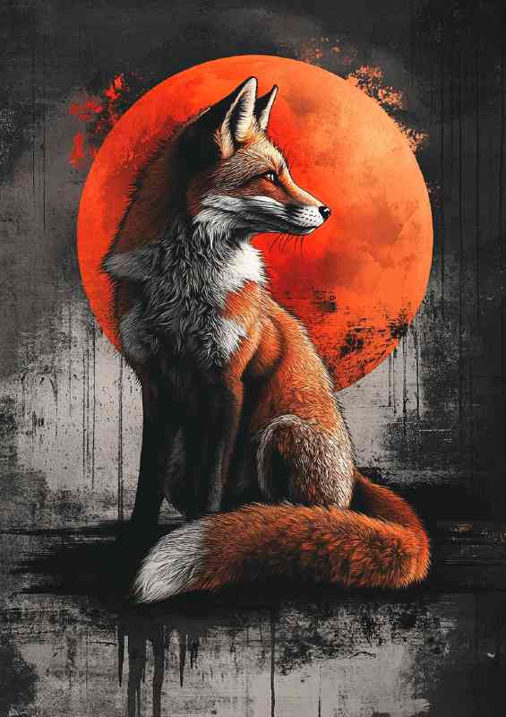 Red fox sitting in front of the moon with bushy tail
