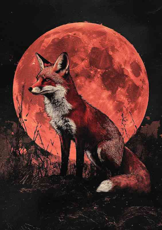 Red fox stands against a crimson moon