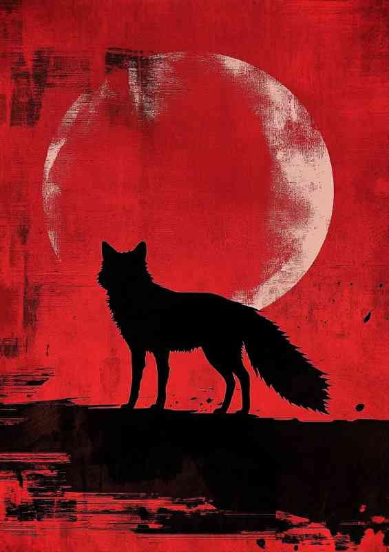 Red fox stands against a crimson moon in the background