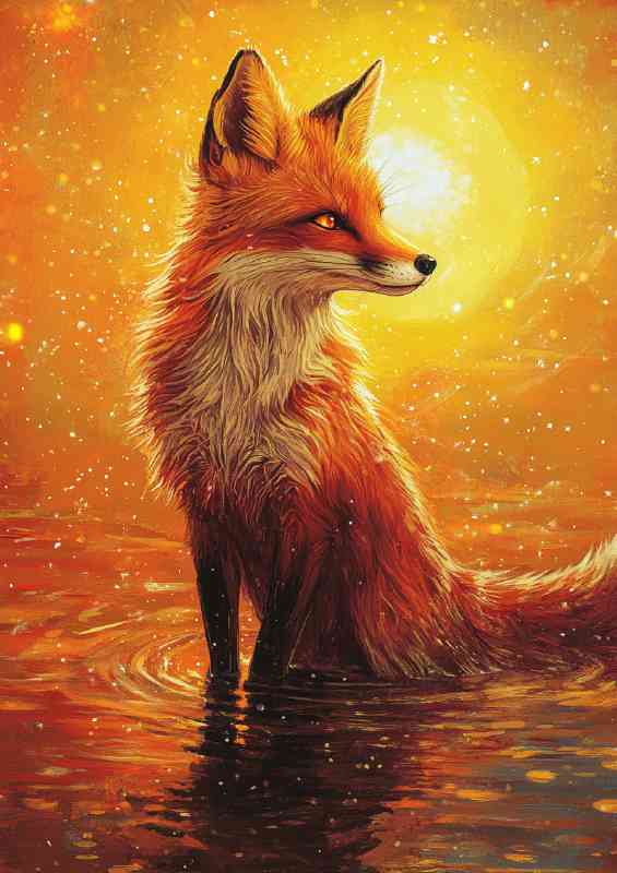 Red fox with long fur sitting in the water