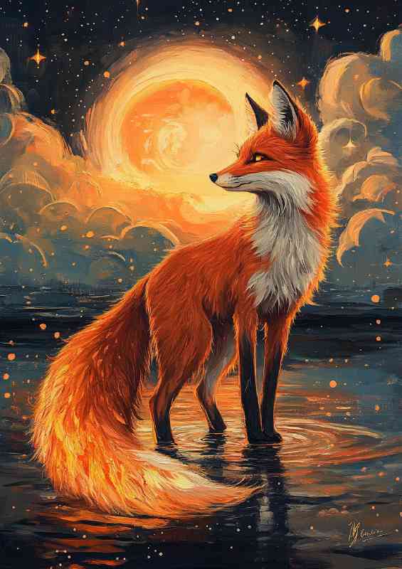 Red fox with orange fur stands on the water