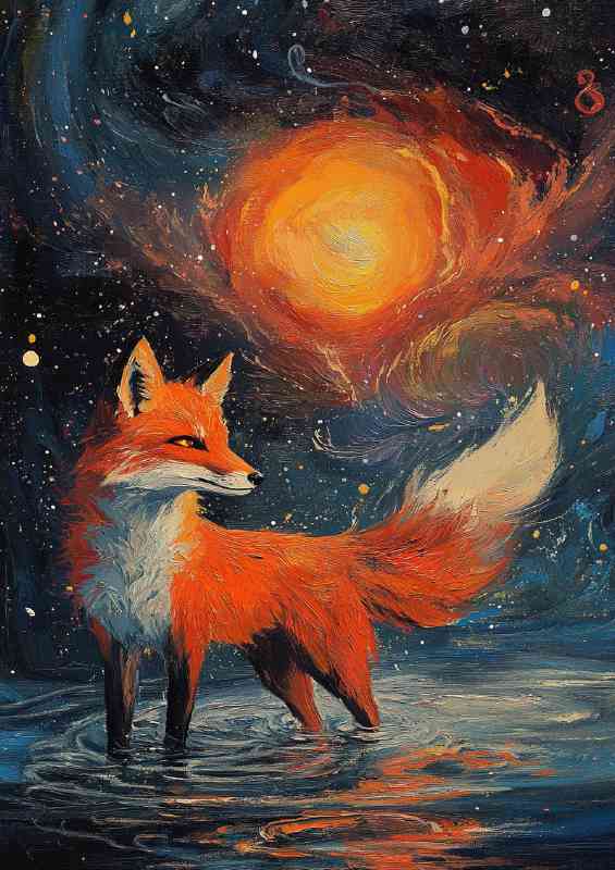 Red fox with orange fur stands on the water its tail bushy