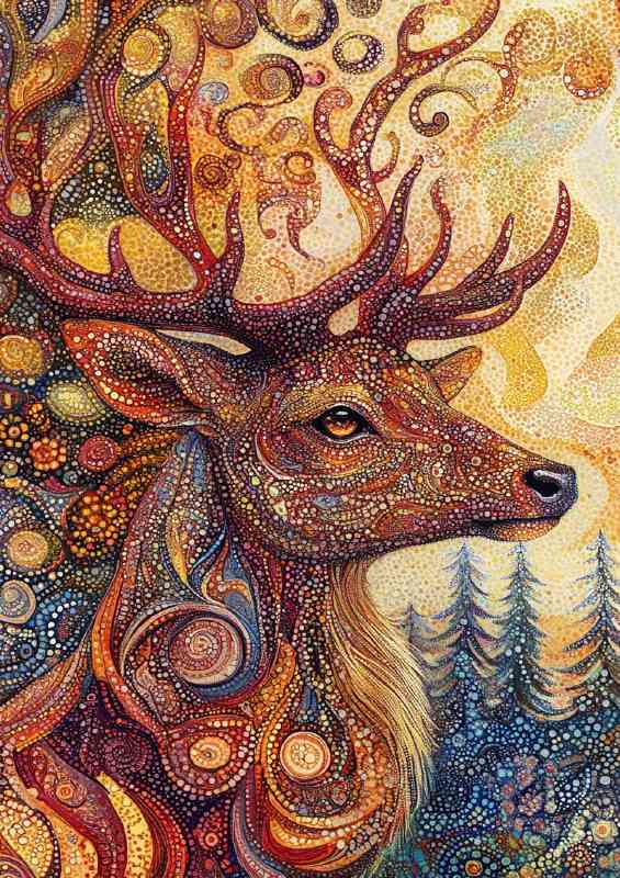 The majestic stag of the first day surrounded by swirls and trees
