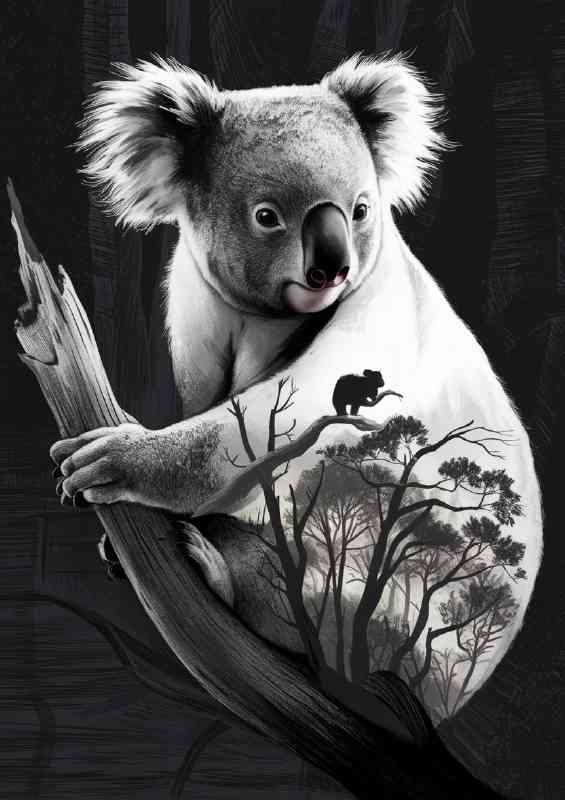 koala bear clinging to a branch greyscale