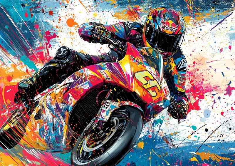 A vibrant graffiti-style painting racing bike