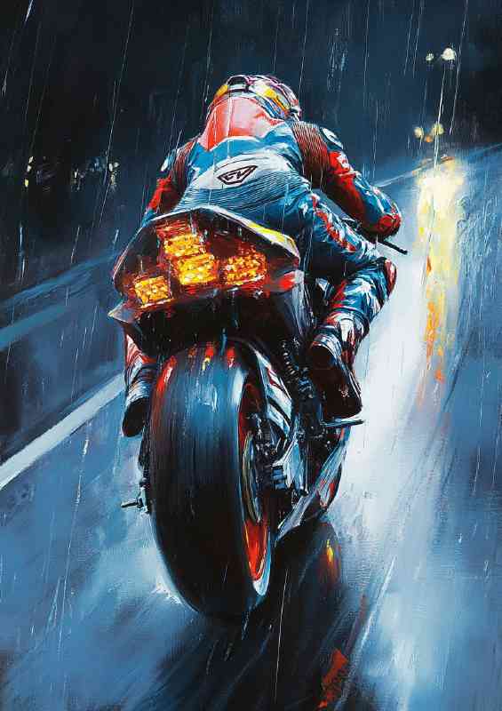 A vibrant oil painting of an racing motorbike