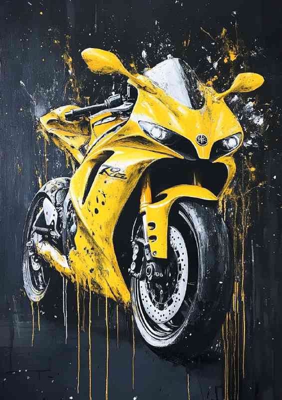 Abstract splash painting of a yellow Yamaha R6 sportbike