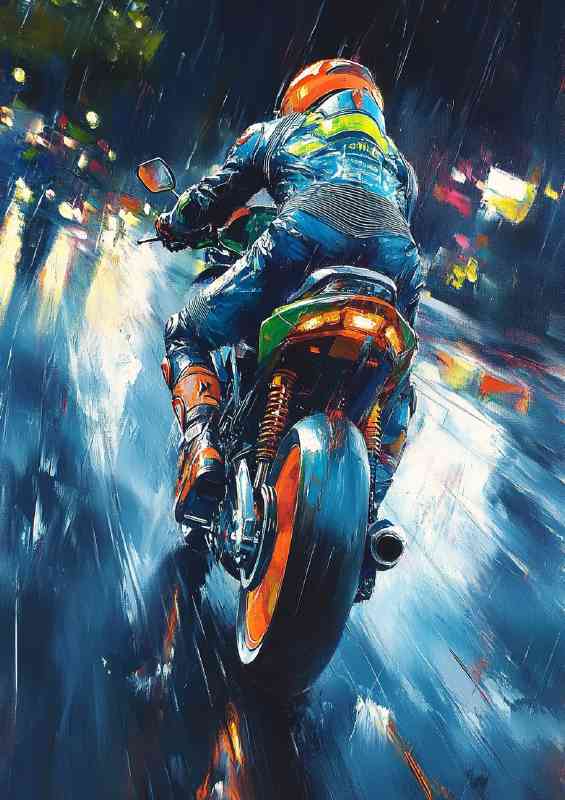 Oil painting of an anime style motorbike racing
