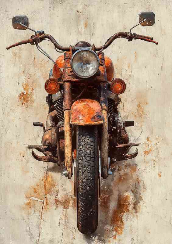 Oil painting of an old motorcycle front view