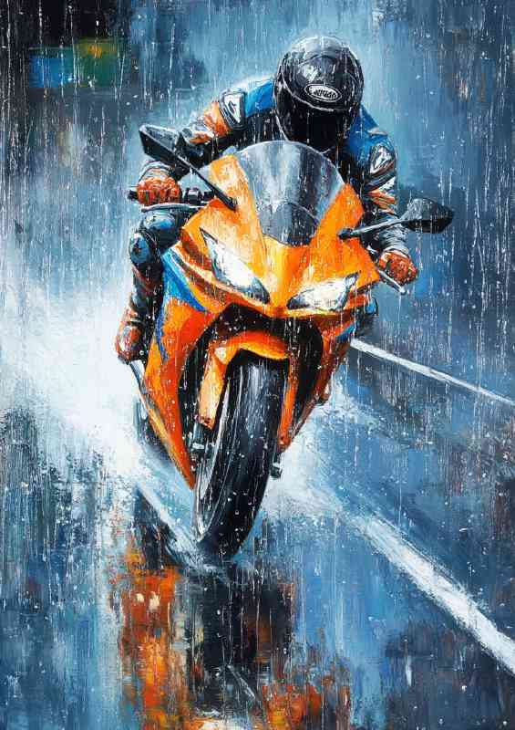 Oil painting of pouring rain and bike rider