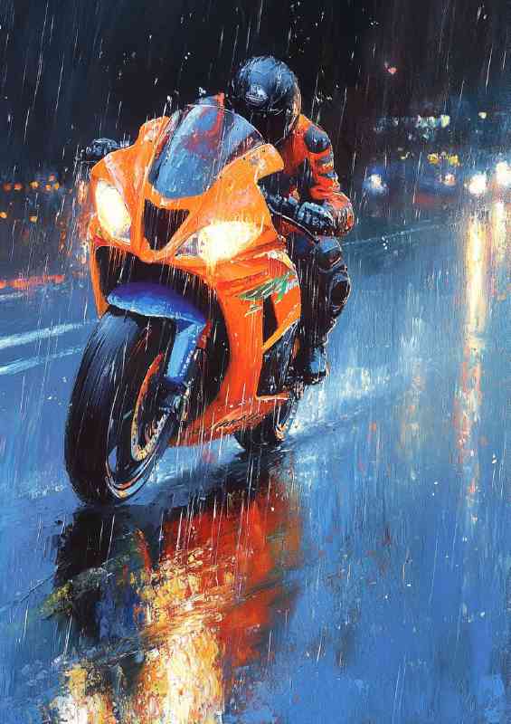Oil painting of pouring rain orange and blue race bike