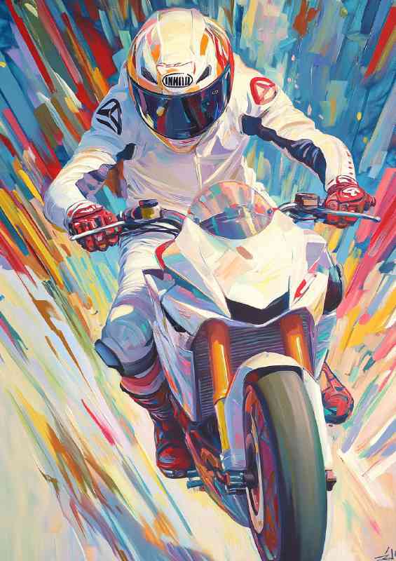 Racing motorbike rider in white suit dynamic pose