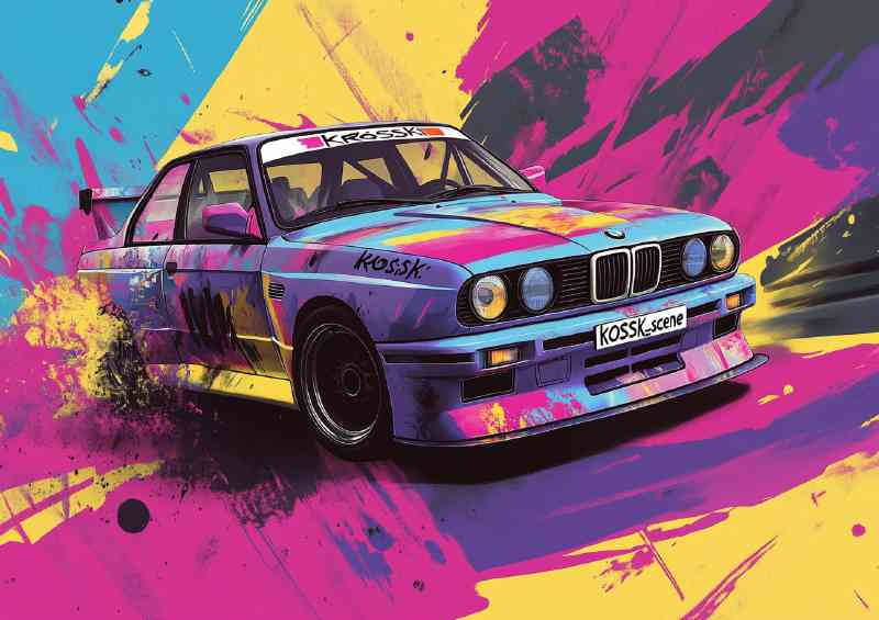 BMW M3 E9 in the style of an old school racing car splash art