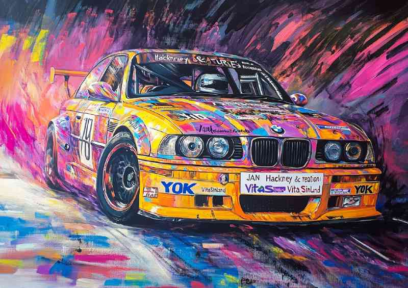 Colorful painting of an E36 M3 race car